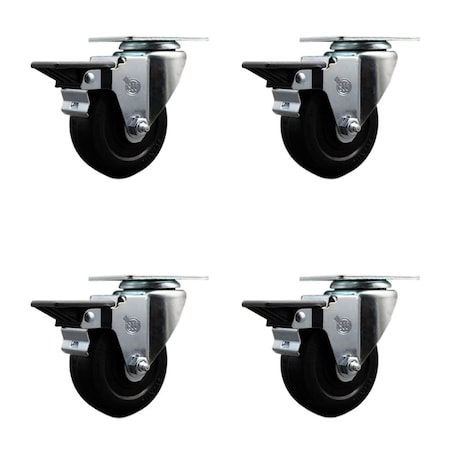 Service Caster 3.5'' Hard Rubber Wheel Swivel Top Plate Caster Set Posi Brake, 4PK SCC-20S3514-HRS-PLB-4